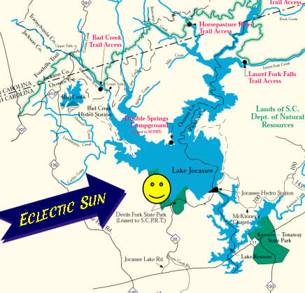 Eclectic Sun Location Map, Lake Jocassee water sports, waterfalls, canoes, Kayaks, Paddle Sports, Stand-up paddle boards, Eclectic Sun, Salem, South Carolina
